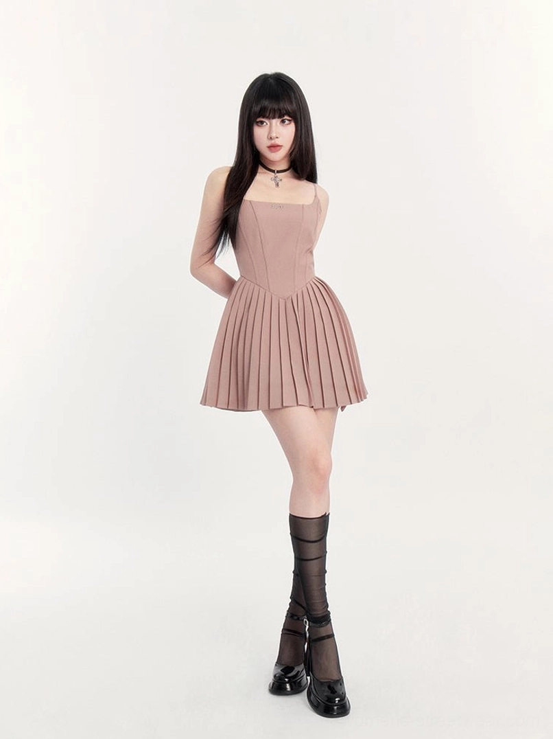 Gothic streetwear pleated mini dress product image with cami straps structured bodice and dimensional skirt