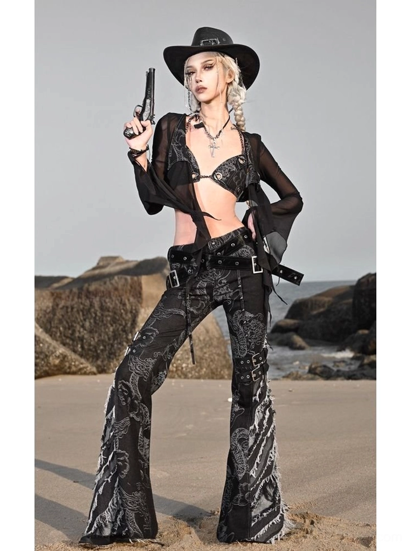 Gothic western flare jeans with dragon print graphics, frayed flared legs, holster-inspired waist belt, and alternative streetwear outfit styling