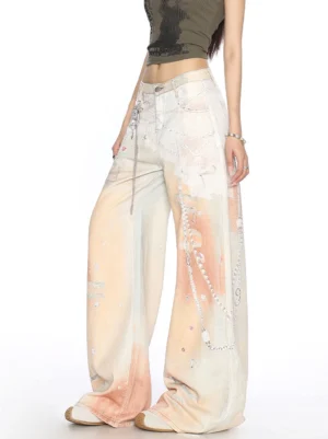Side view of gradient printed floor-length wide-leg denim jeans with decorative waist chain and distressed Y2K Korean streetwear details