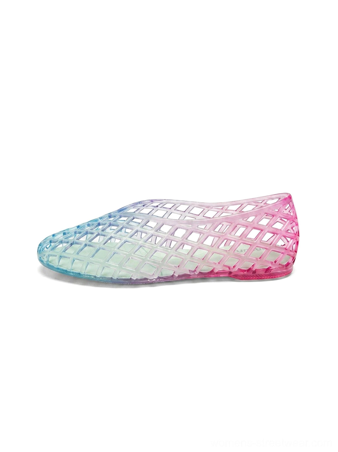 Front flat lay view of gradient rainbow jelly ballet flats with translucent open lattice texture and cyan to rose ombre color