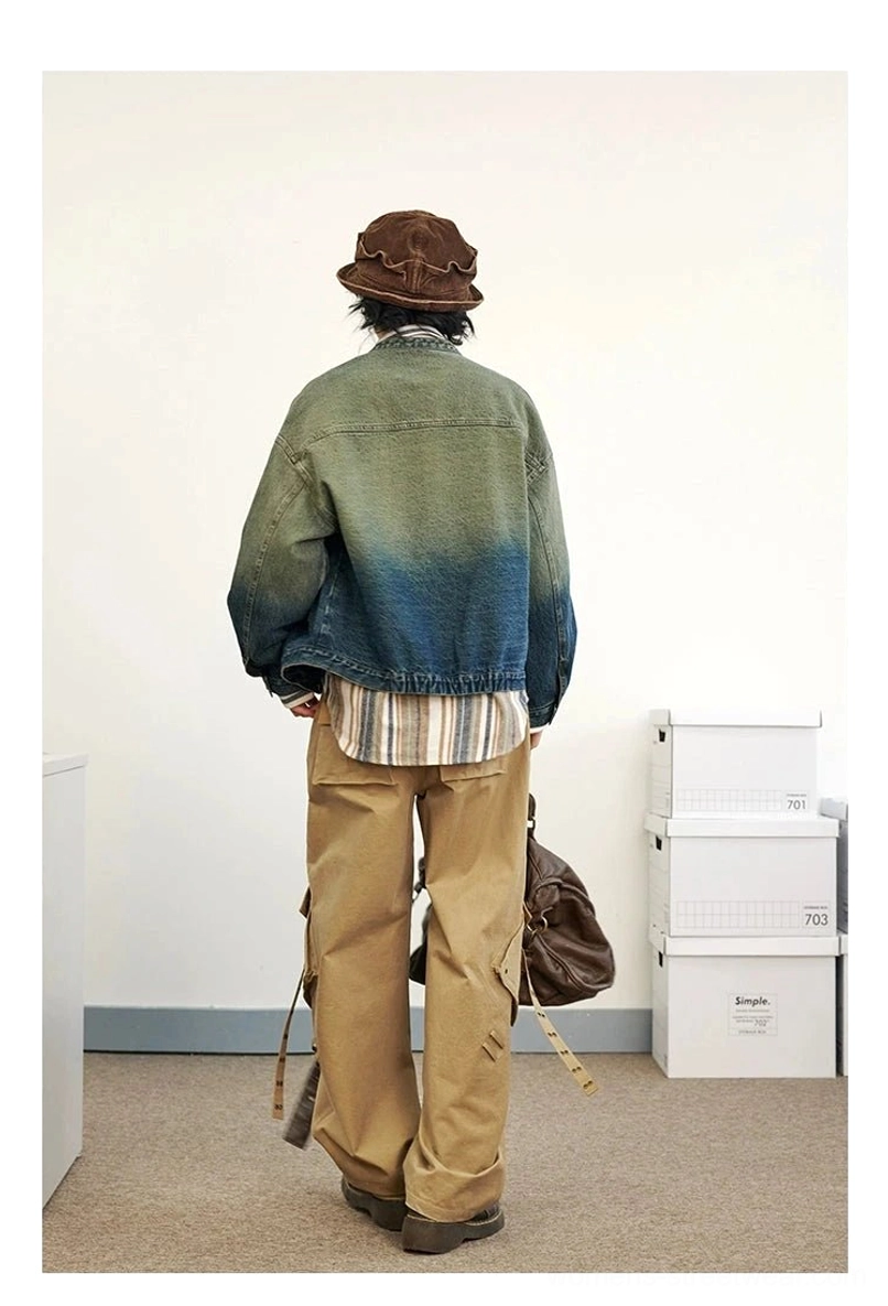 Blue green ombre denim flight jacket back view with relaxed streetwear layering