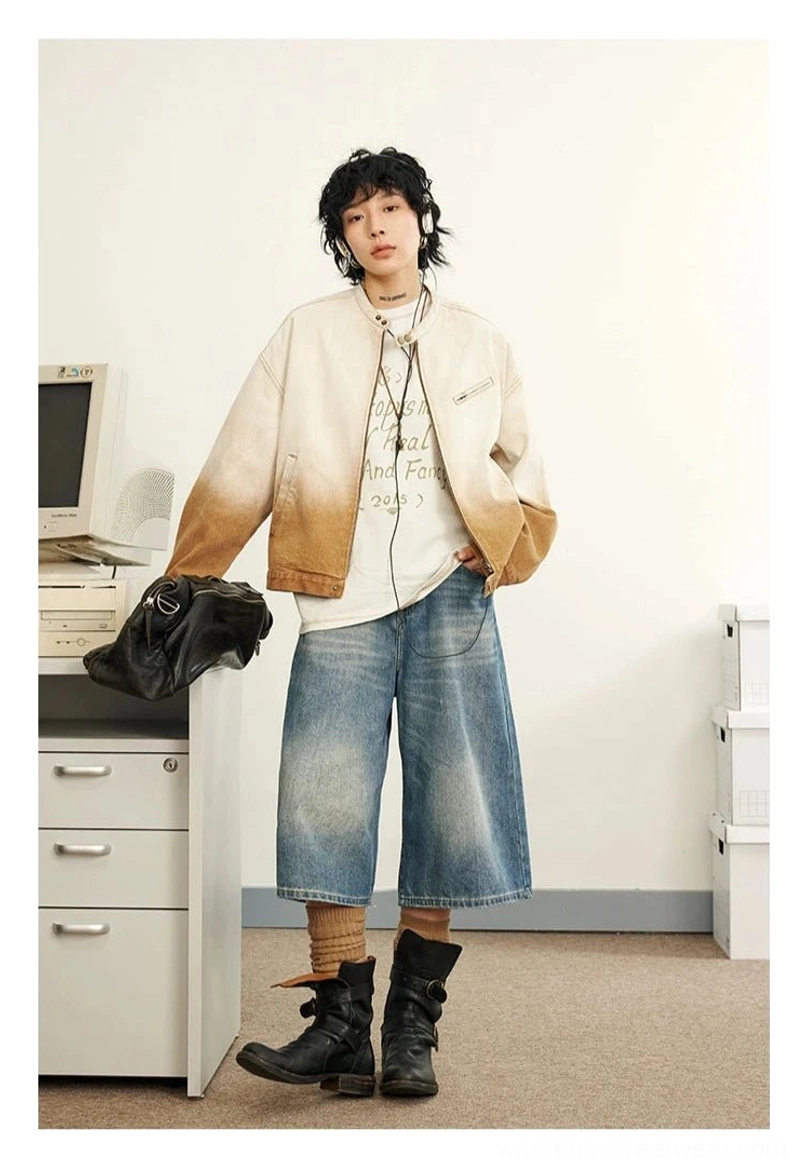 Gradient washed denim flight jacket with bronze zipper hardware product detail view
