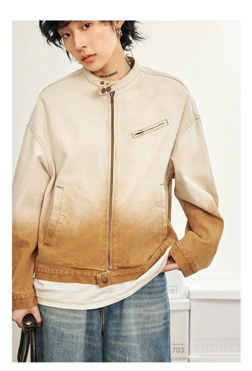 Brown gradient denim flight jacket close-up showing front zipper and chest pocket detail