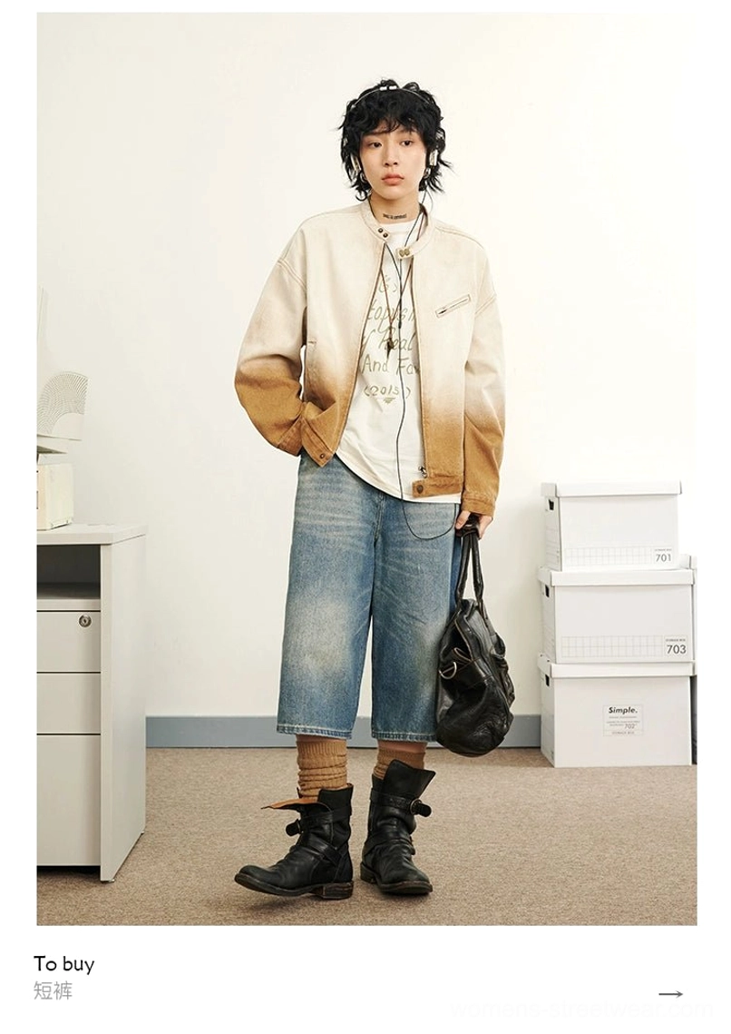 Brown and tan gradient washed denim flight jacket shown in full-body front view