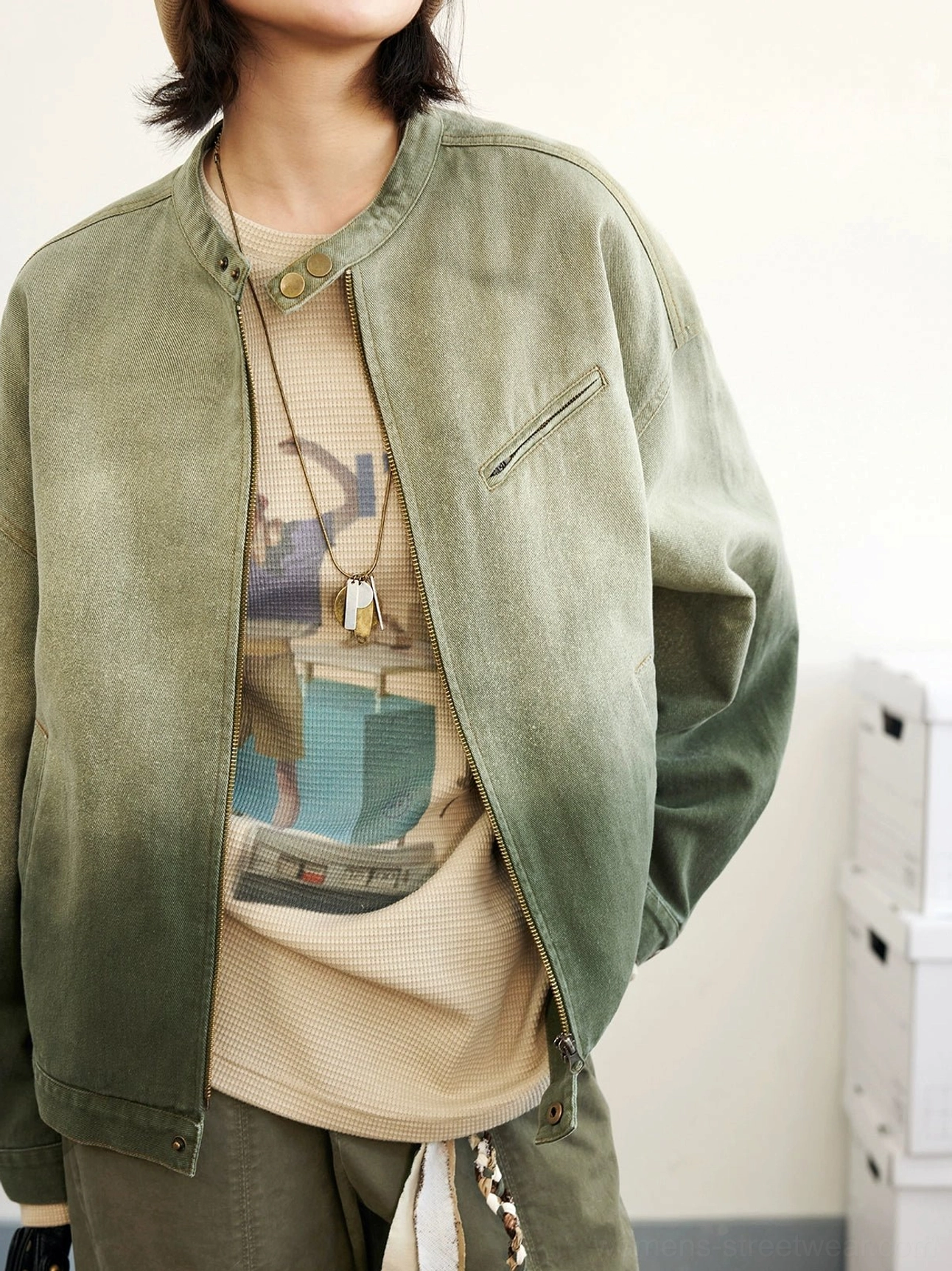 Green gradient washed denim flight jacket product colorway and relaxed fit view