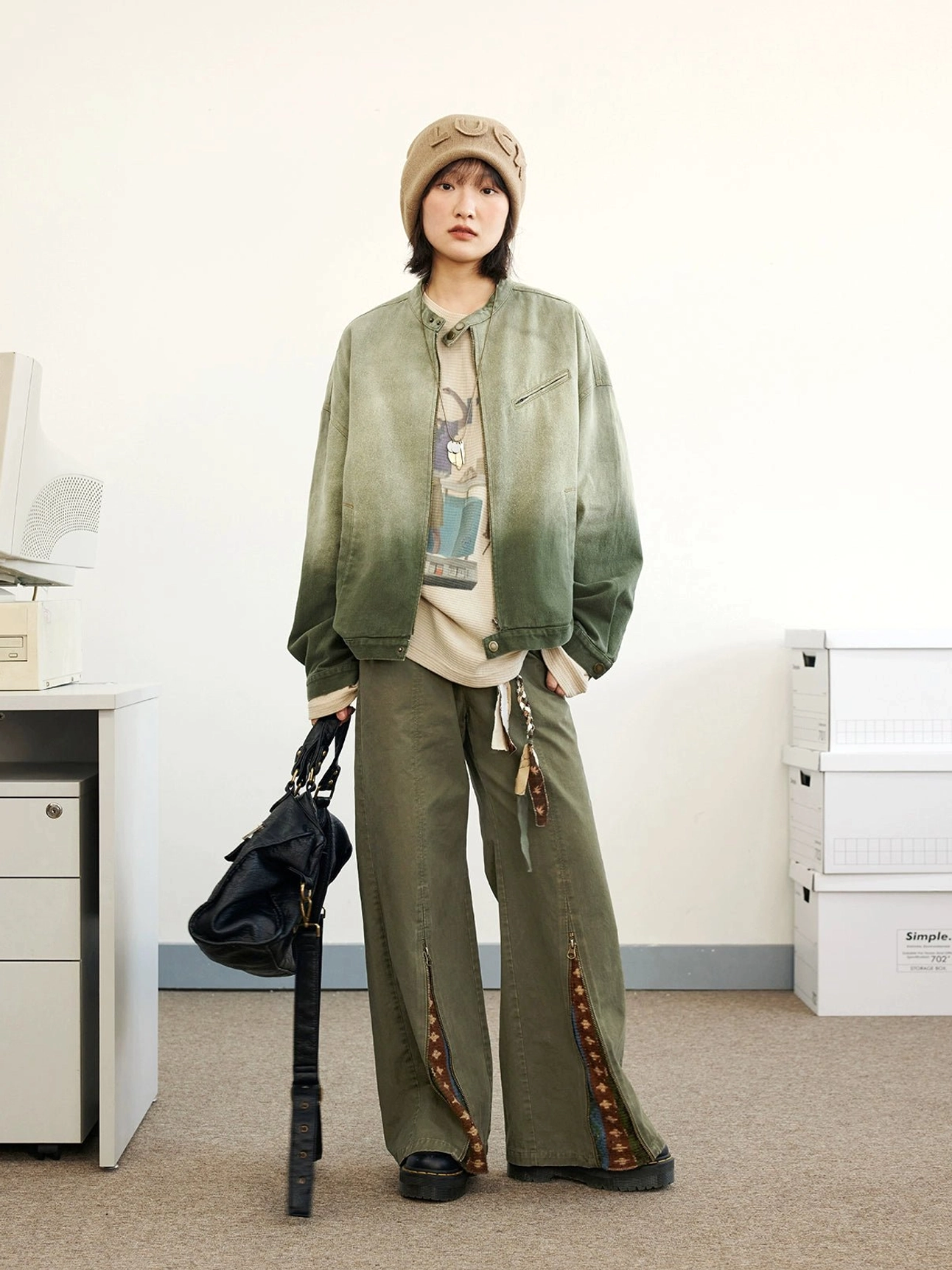 Green ombre denim flight jacket streetwear outfit with wide-leg cargo pants front view