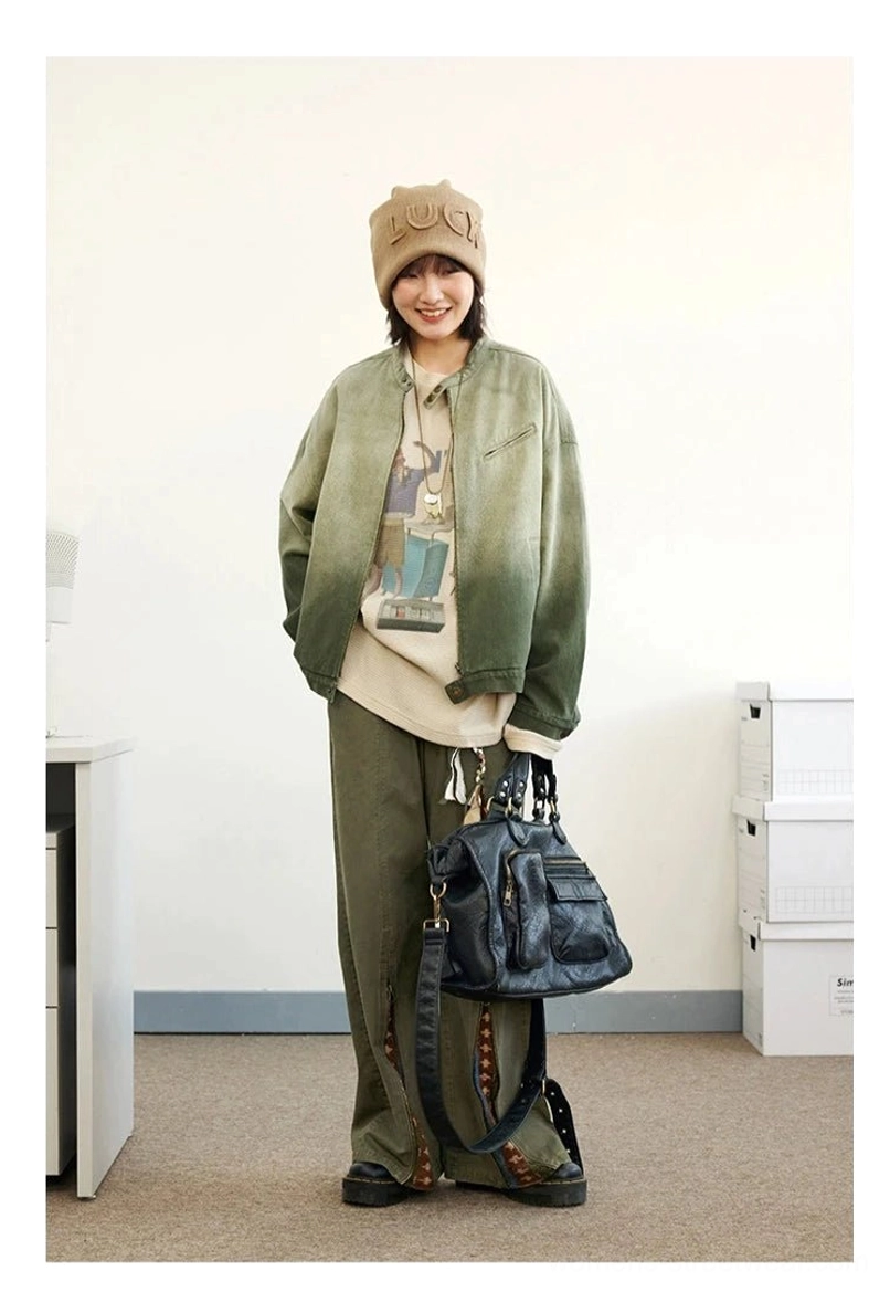 Relaxed green gradient denim flight jacket with stand collar and utility streetwear styling
