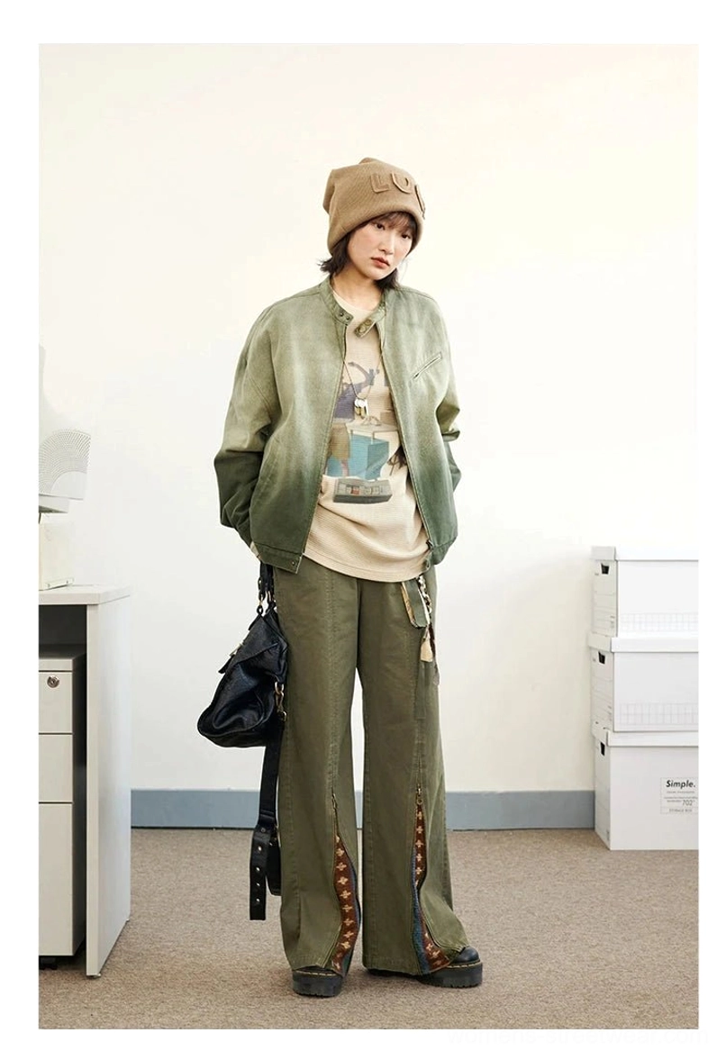 Green ombre denim flight jacket with antique bronze zipper details and side pockets