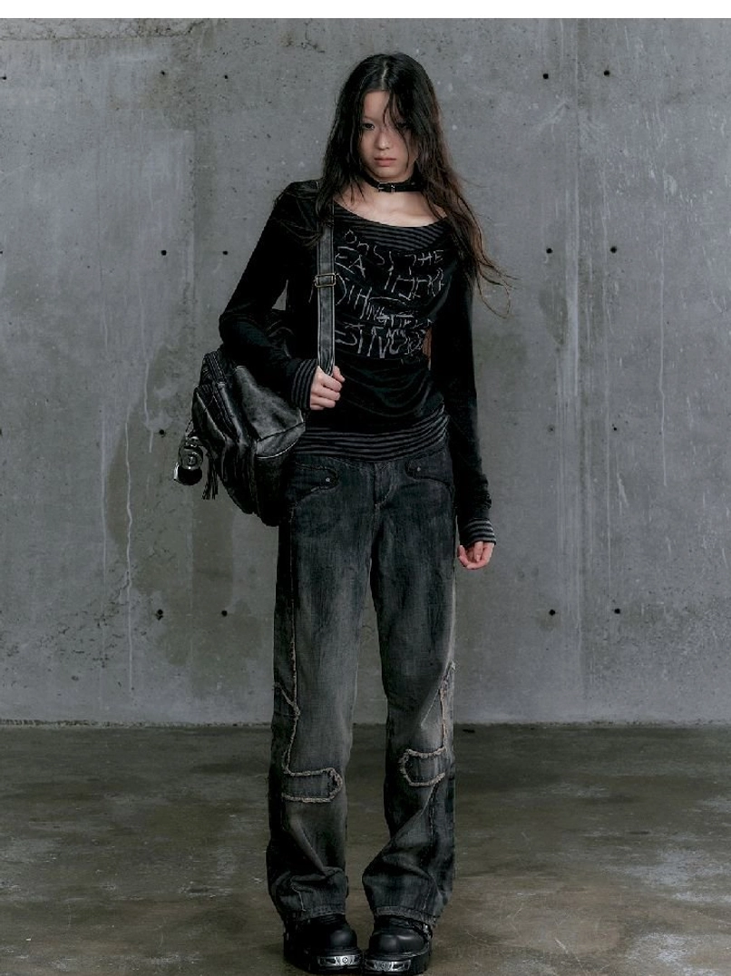 Graffiti layered long sleeve top contemporary Seoul streetwear look