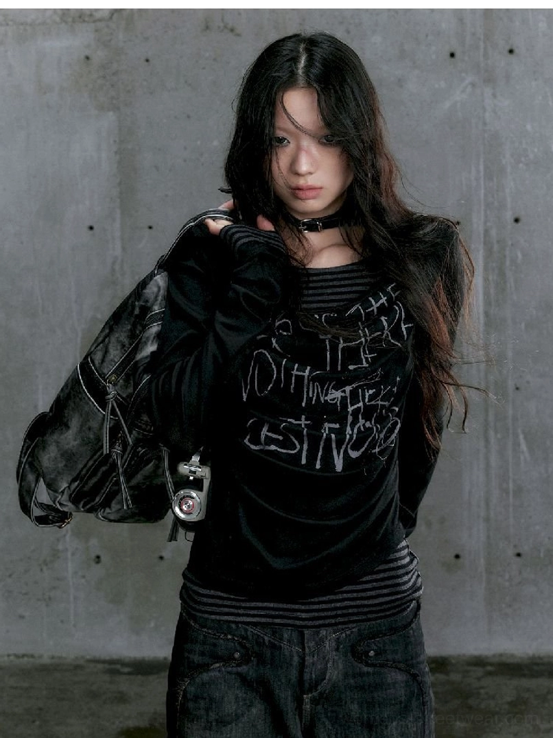 Graffiti layered long sleeve top with handwritten graphic print streetwear image
