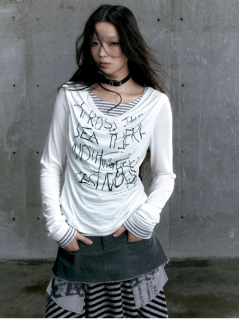 Graffiti layered long sleeve top layered striped detail product view
