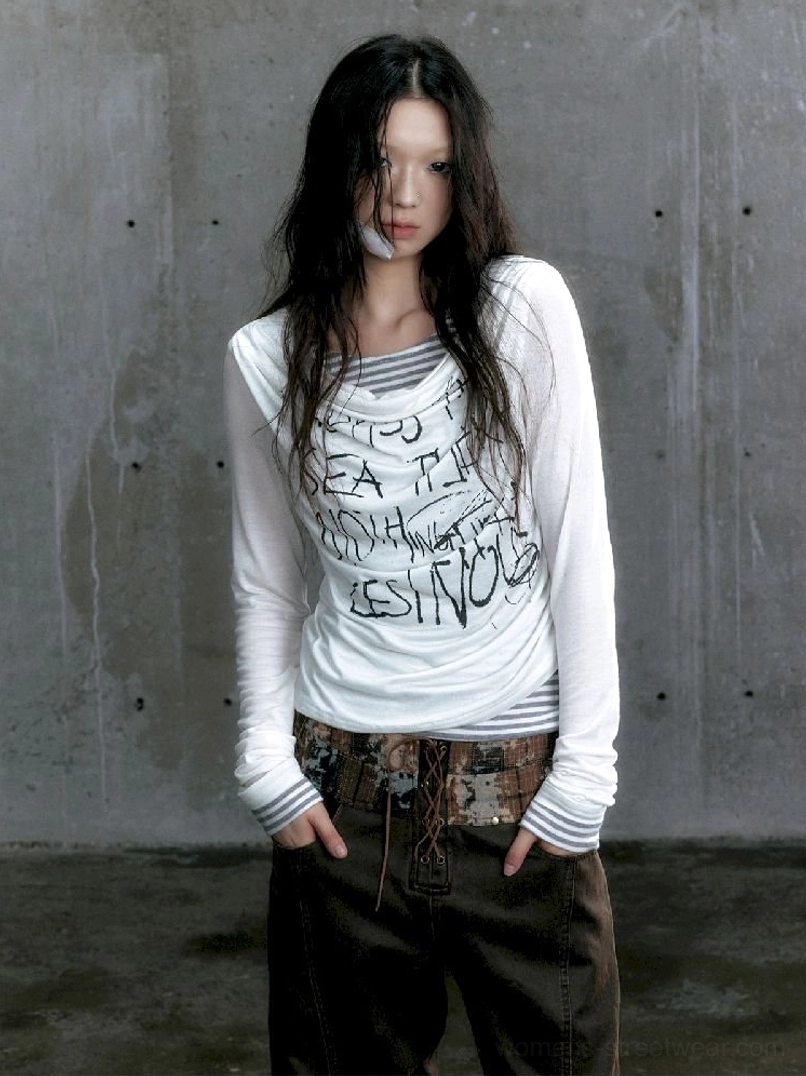 Graffiti layered long sleeve top modern Y2K streetwear styling view