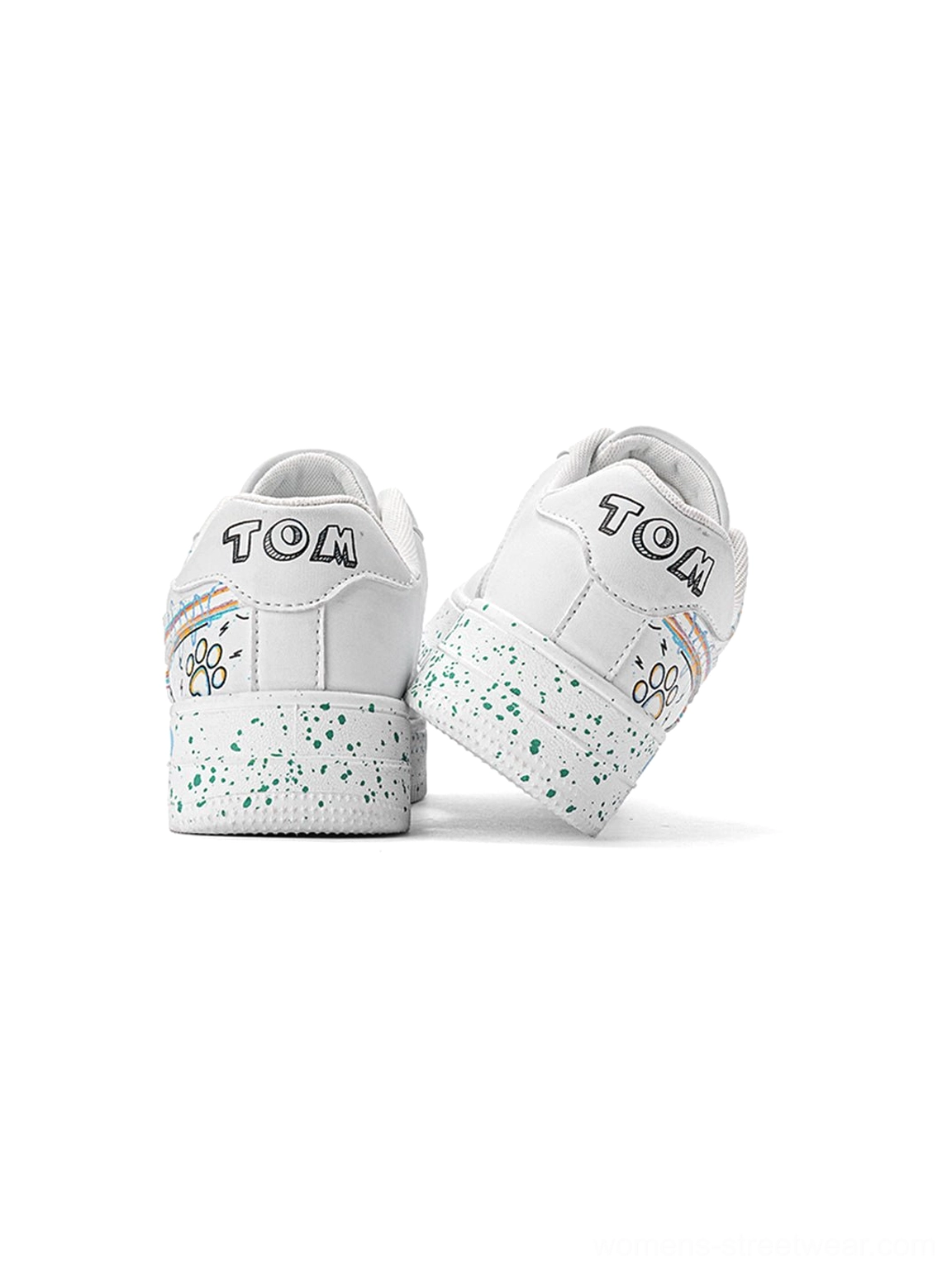 Rear heel view of white graffiti lightning low-top court sneakers with colorful print and green speckled midsole accent