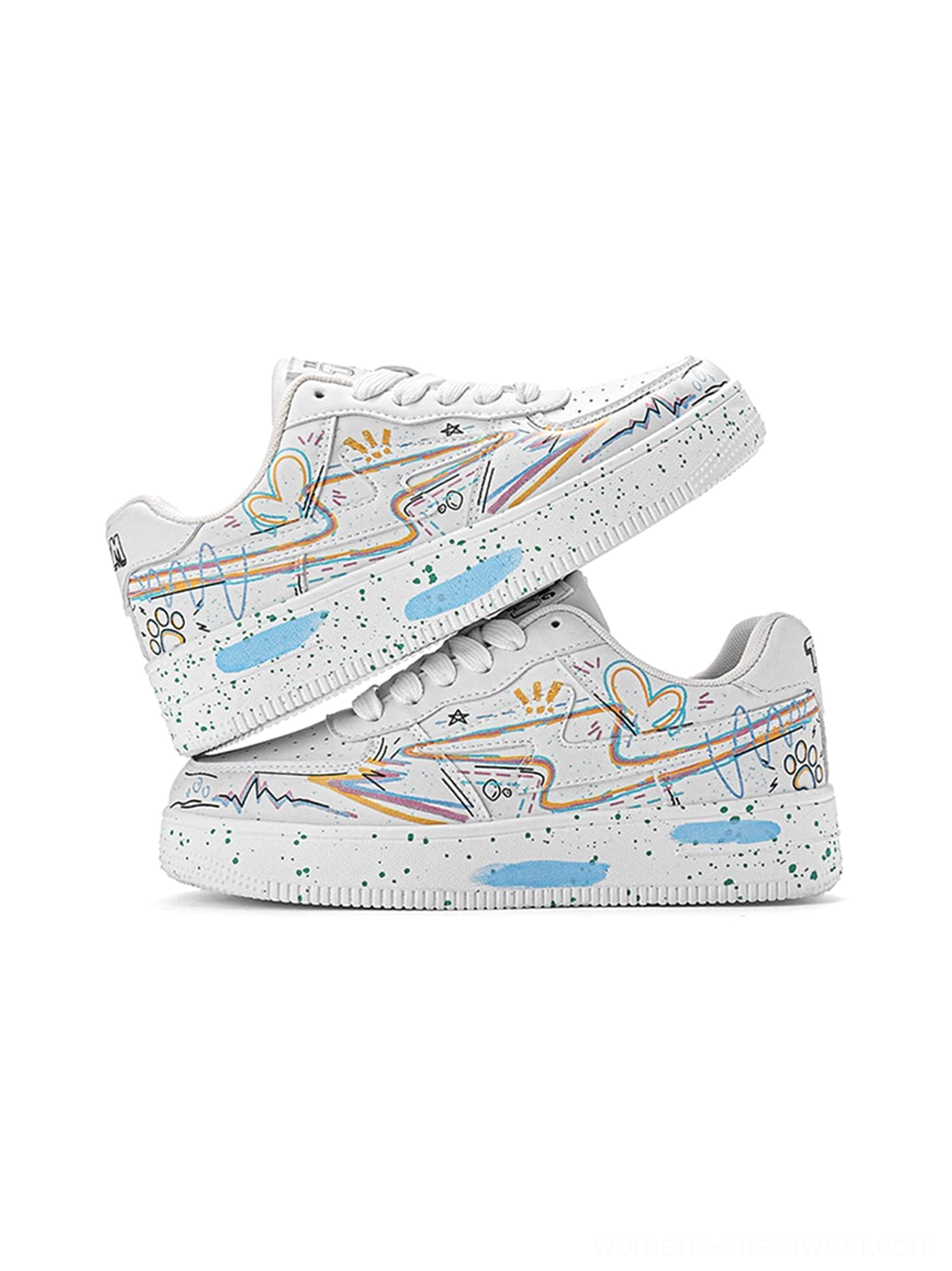 Stacked pair of colorful graffiti low-top court sneakers showing abstract side artwork, speckled midsole, and white rubber outsole