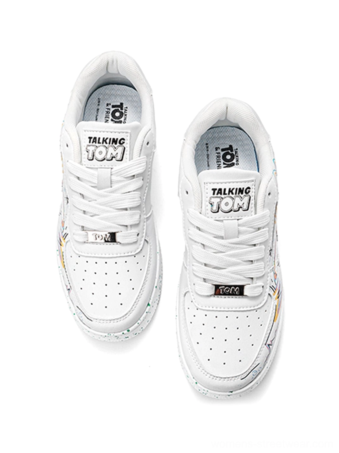 Top-down view of paired graffiti lightning low-top court sneakers with colorful printed panels, laces, and perforated toe boxes