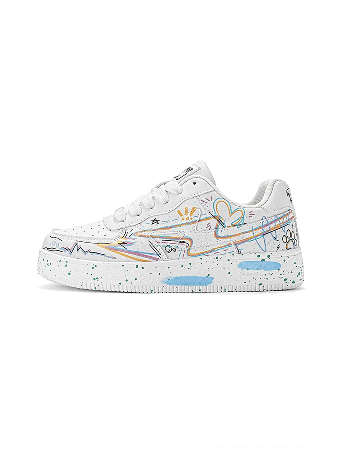 White graffiti lightning low-top court sneakers with colorful abstract doodle print and speckled blue accent sole side profile