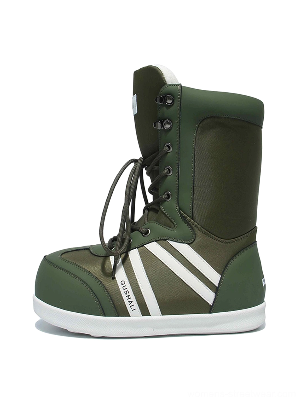 Olive green graphic fleece-lined lace-up mid-calf snow boots with white stripes in front product view