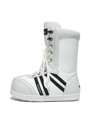 White graphic fleece-lined lace-up mid-calf snow boots with black stripe panels shown in front three-quarter product view