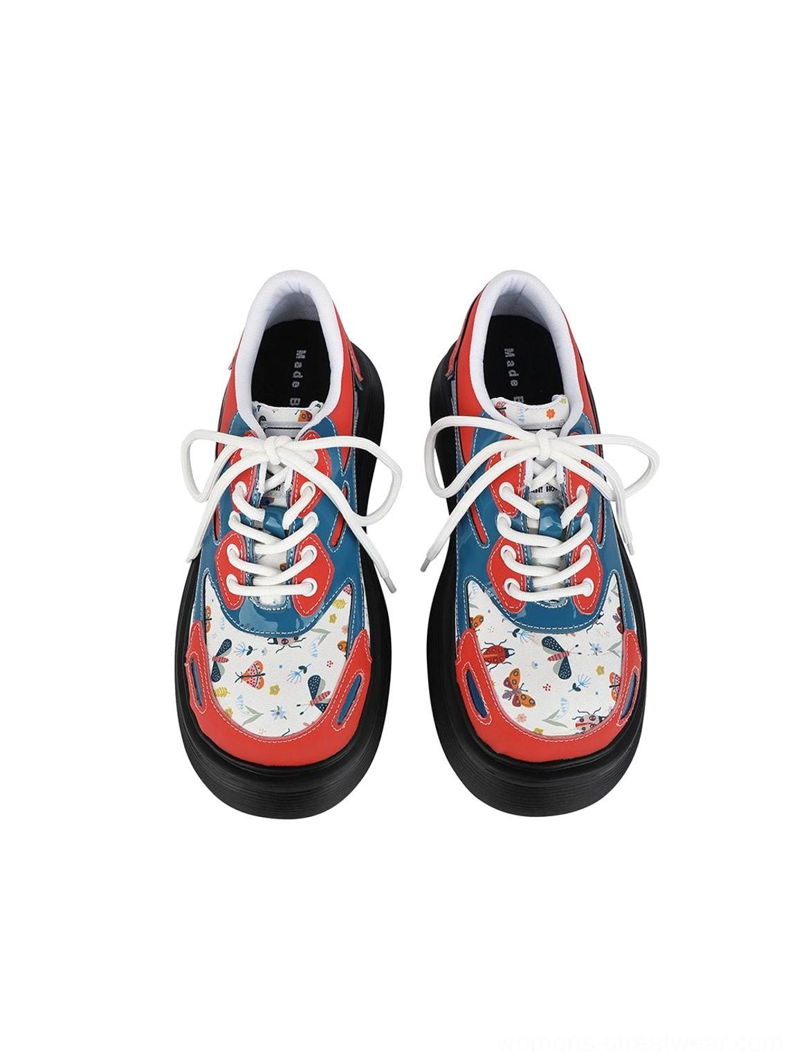 Graphic red and blue butterfly platform derby shoes with chunky black outsole and white lace-up design