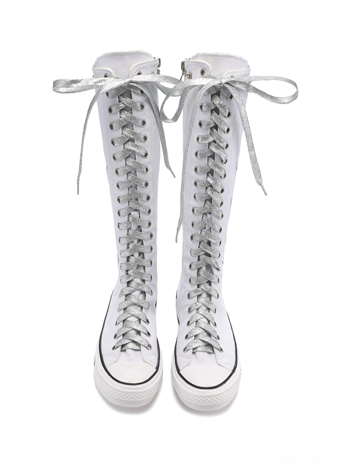 Graphic studded canvas knee-high streetwear boots with bold printed shaft, silver laces, side zipper, and white rubber outsole