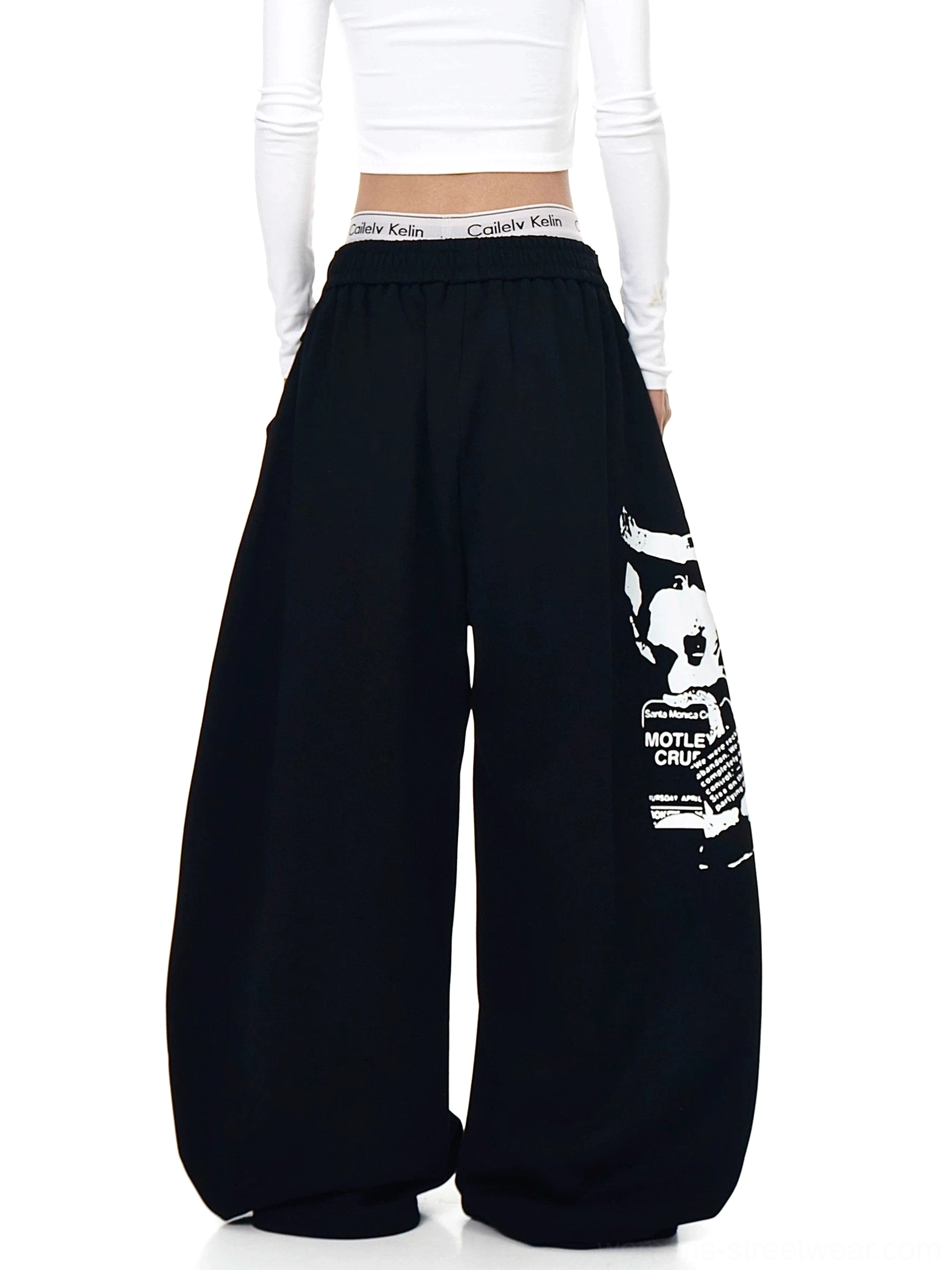 Graphic wrap panel ultra wide leg streetwear sweatpants detailed product view
