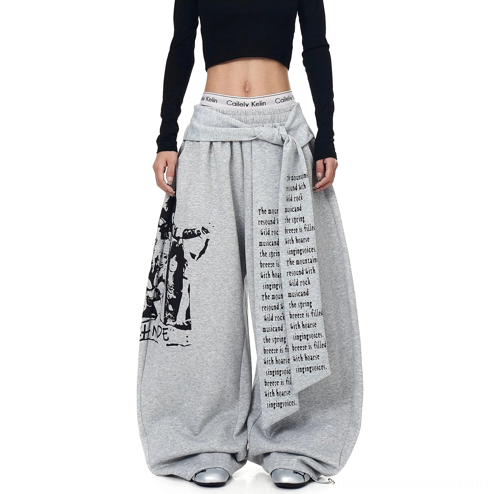 Gray fleece lined graphic wrap panel ultra wide leg streetwear sweatpants product view
