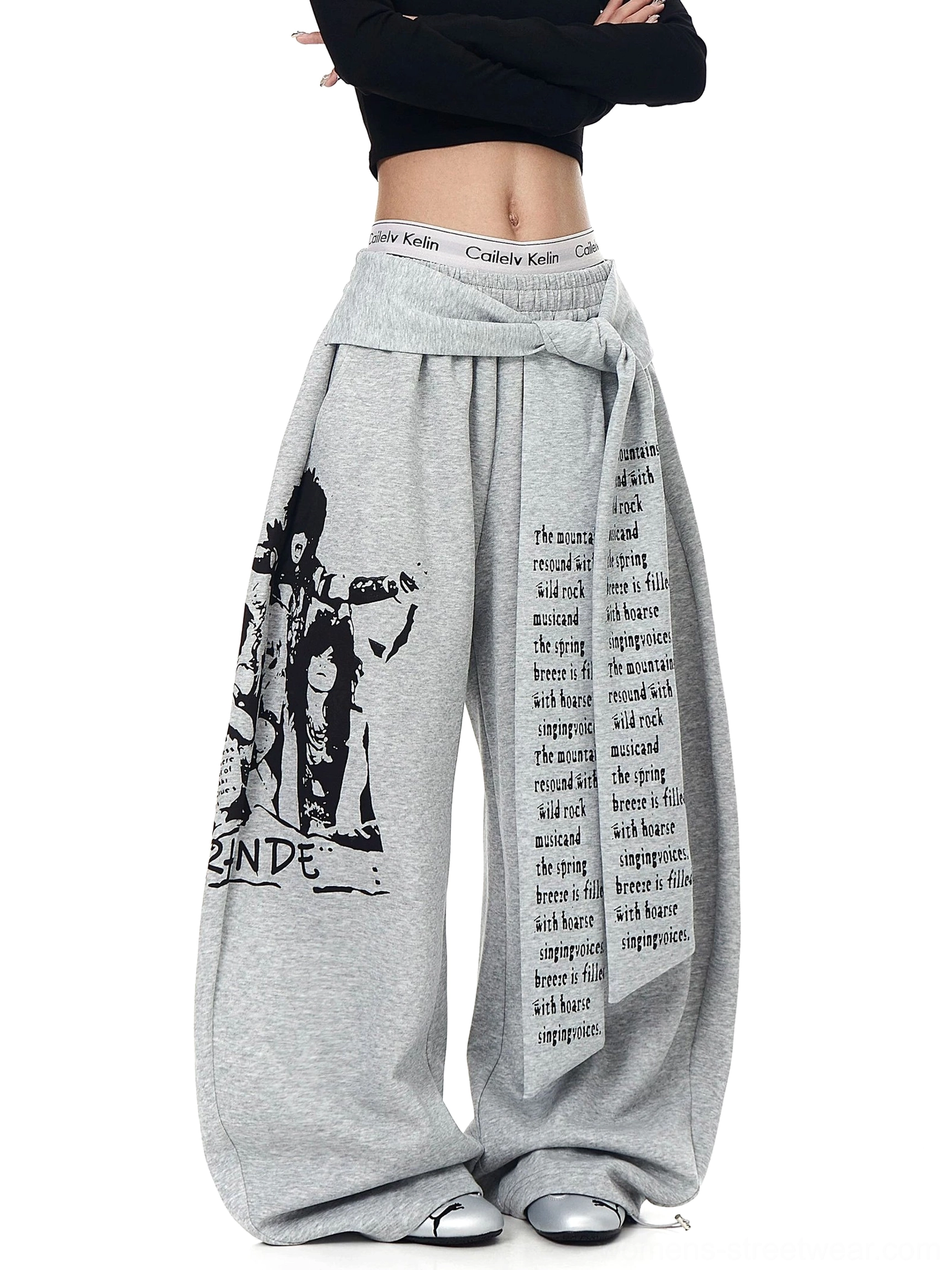 Heather gray graphic ultra wide leg streetwear sweatpants with integrated waist wrap side front view