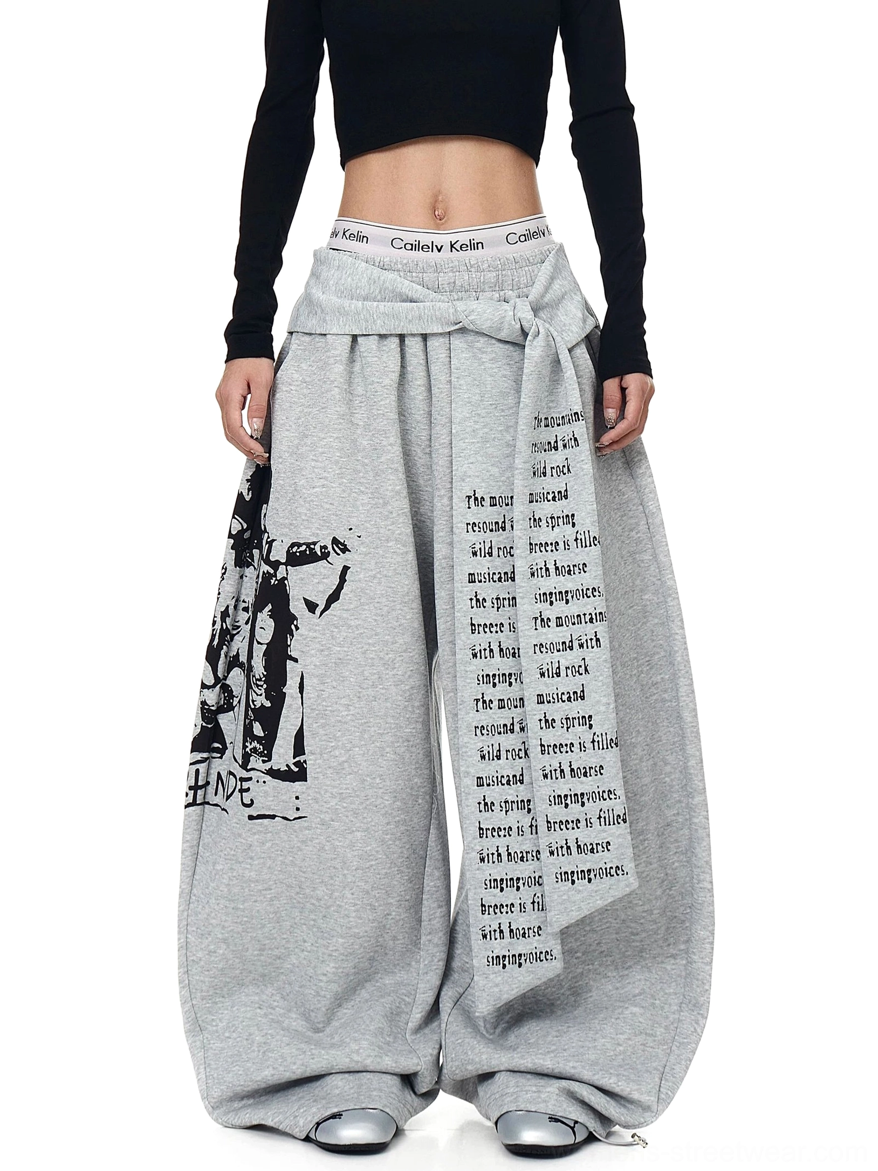 Heather gray graphic wrap panel ultra wide leg streetwear sweatpants front full body view with retro leg print