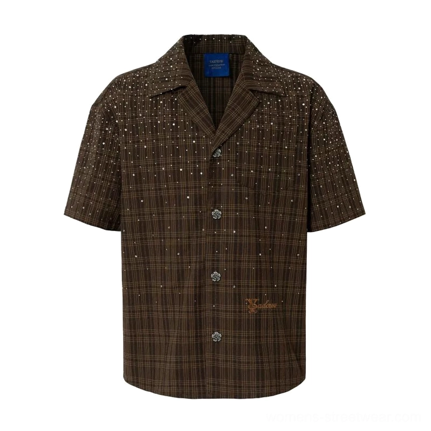 Grass green olive rhinestone plaid camp collar streetwear shirt product view with sparkling tartan texture