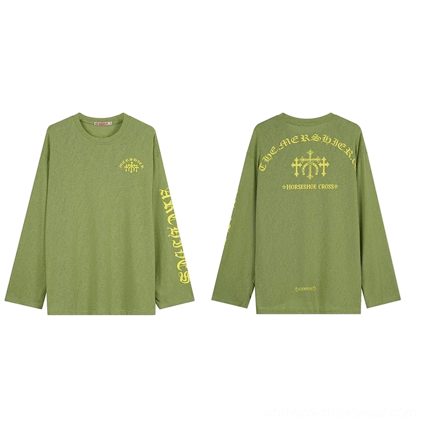 Grass green oversized gothic cross graphic long-sleeve tee with bold sleeve lettering and relaxed Y2K Seoul streetwear styling