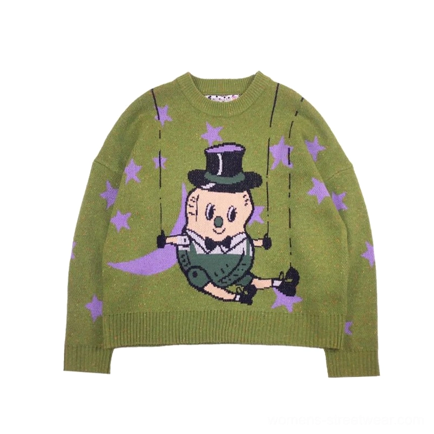 Grass green puppet swing piglet jacquard knit sweater with purple stars crescent accents and ribbed trims