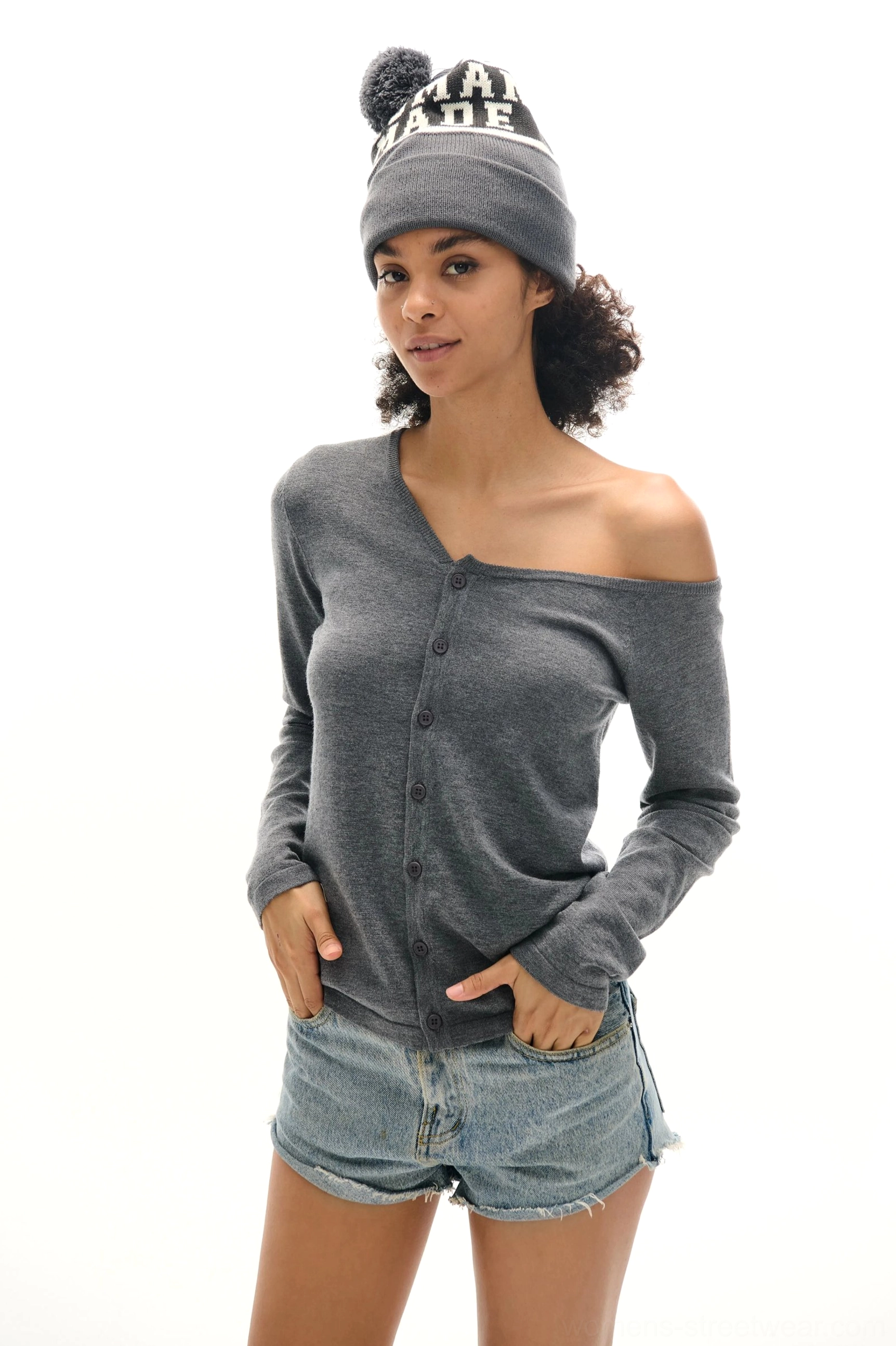 Gray asymmetrical off-shoulder cardigan with button closure for casual Korean-inspired styling