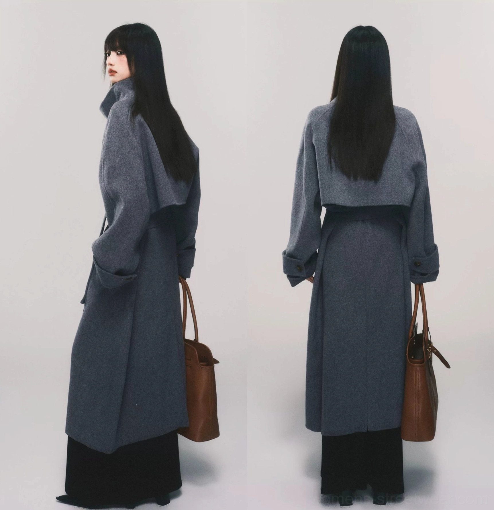 Heather gray belted wool maxi trench coat flat lay showing funnel collar double-breasted design and waist belt