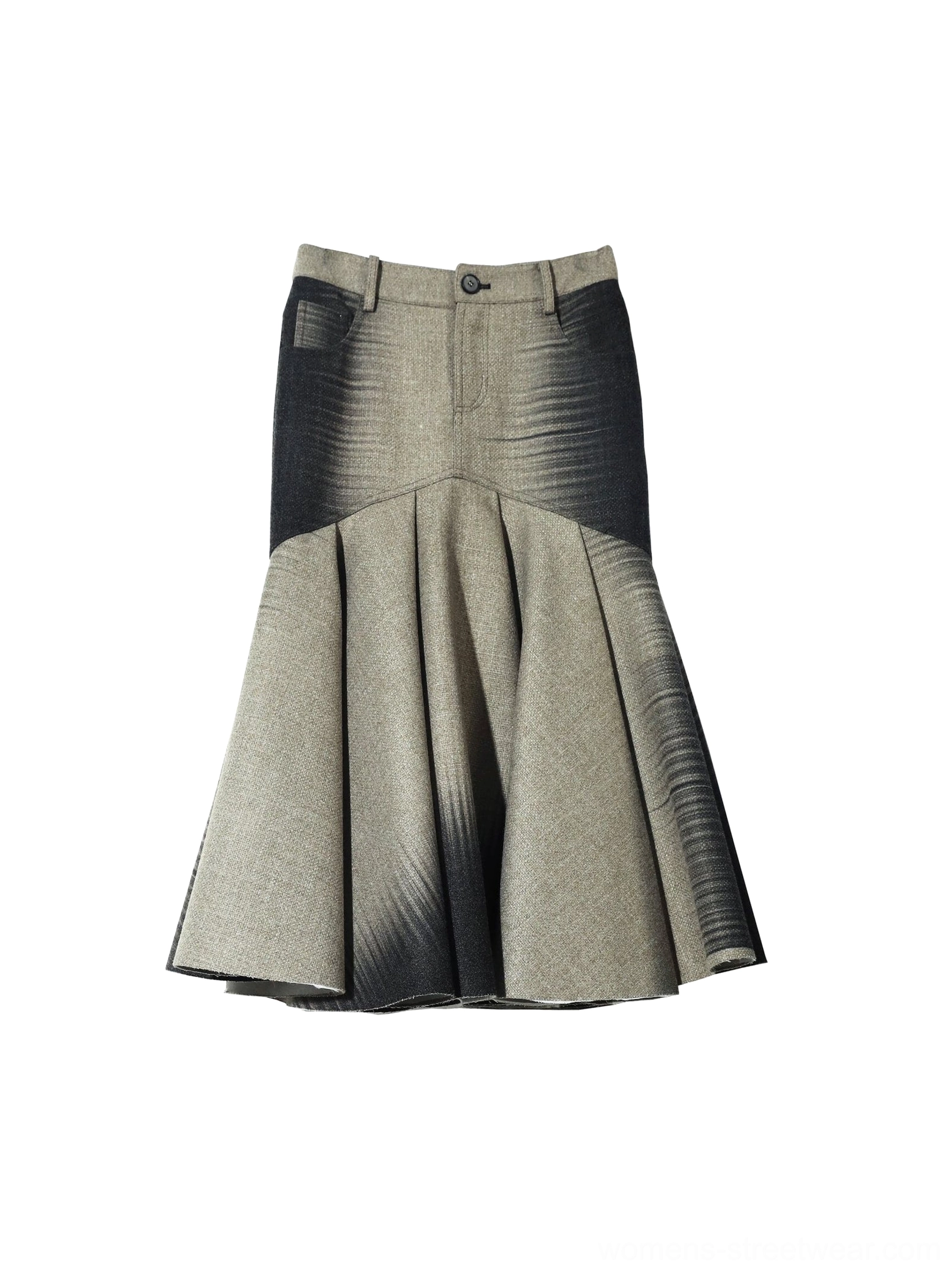 Flat lay view of a gray to black ombre fishtail maxi skirt featuring a buttoned high waist, pleated flare, and elegant gradient print