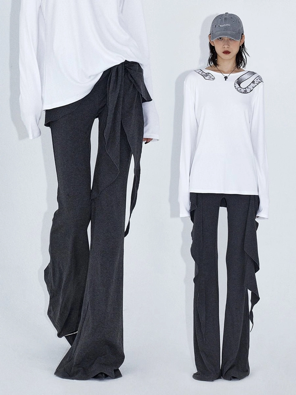 Matching dark gray and black wrap drape flare streetwear pants displayed together with white long sleeve tops