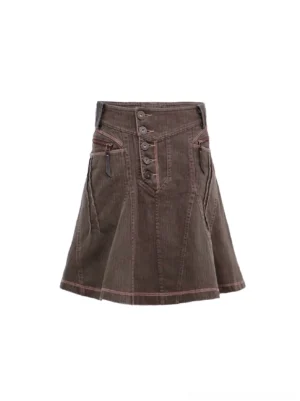 Front flat lay of gray brown corduroy high-waisted A-line mini skirt with exposed buttons contrast stitching and zippered pockets