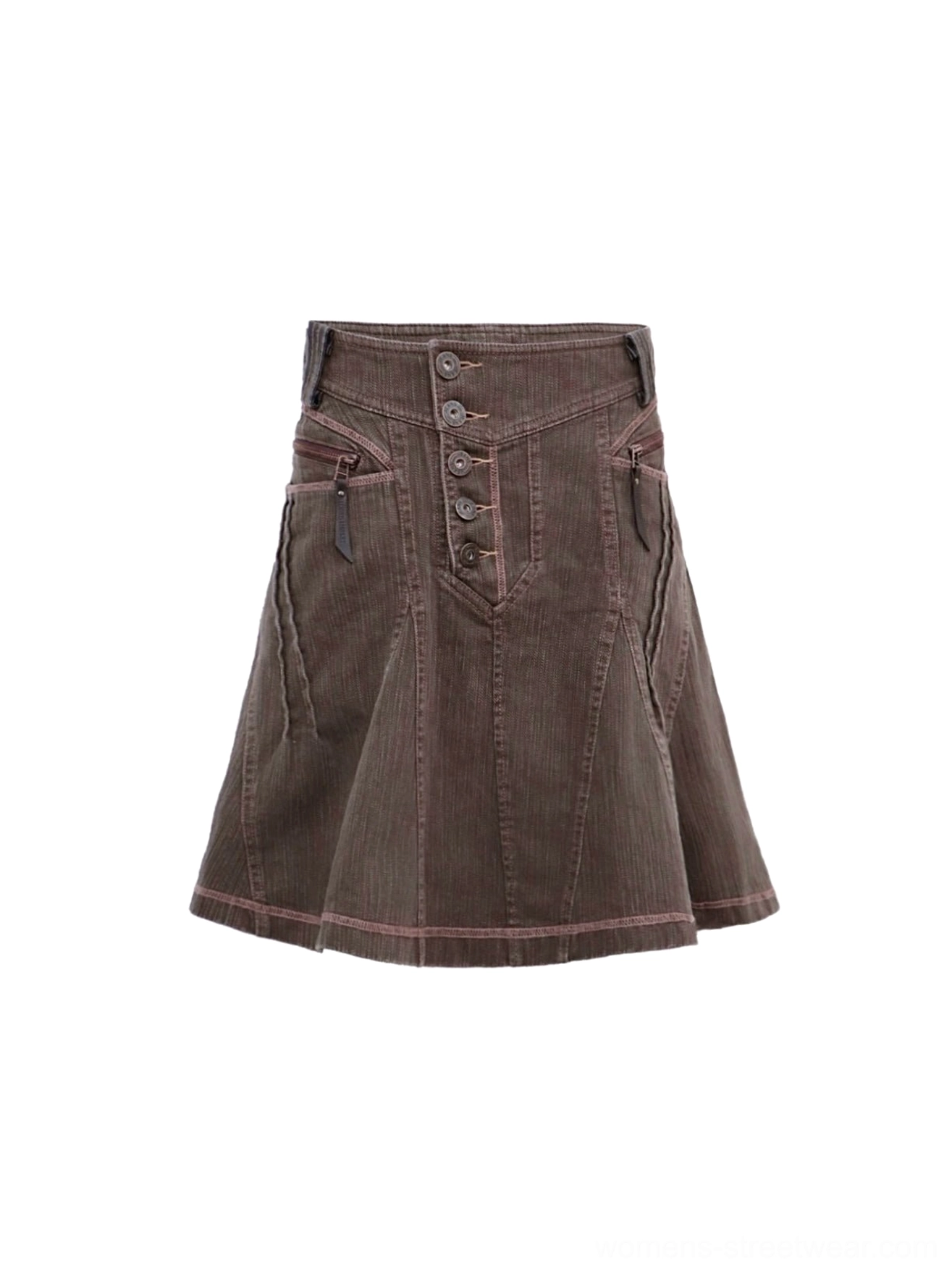 Front flat lay of gray brown corduroy high-waisted A-line mini skirt with exposed buttons contrast stitching and zippered pockets