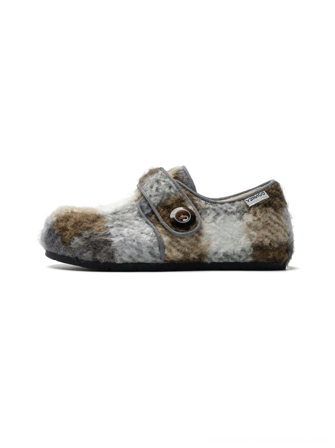 Gray and brown plaid faux fur Velcro slip-on shoes with textured checkered upper and relaxed Korean fashion silhouette