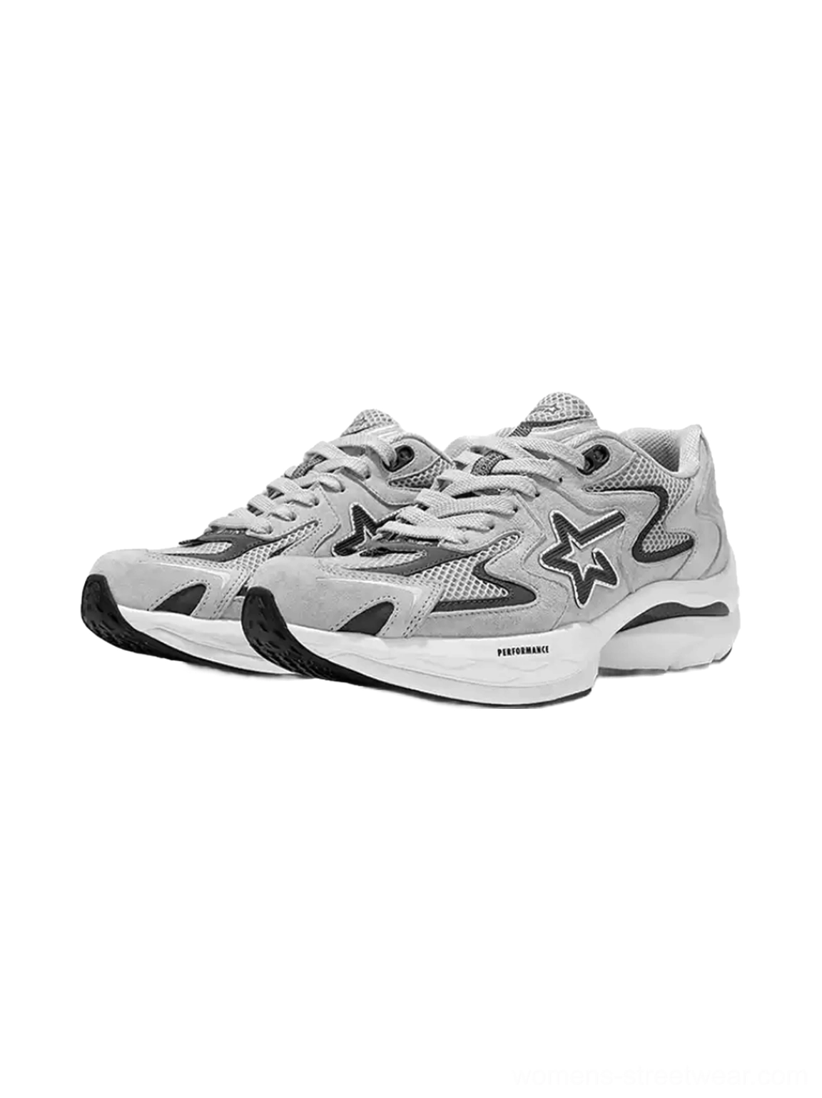 Pair of gray carbon plate platform running sneakers in dual side profile showing layered suede mesh panels star side detail and performance midsole text