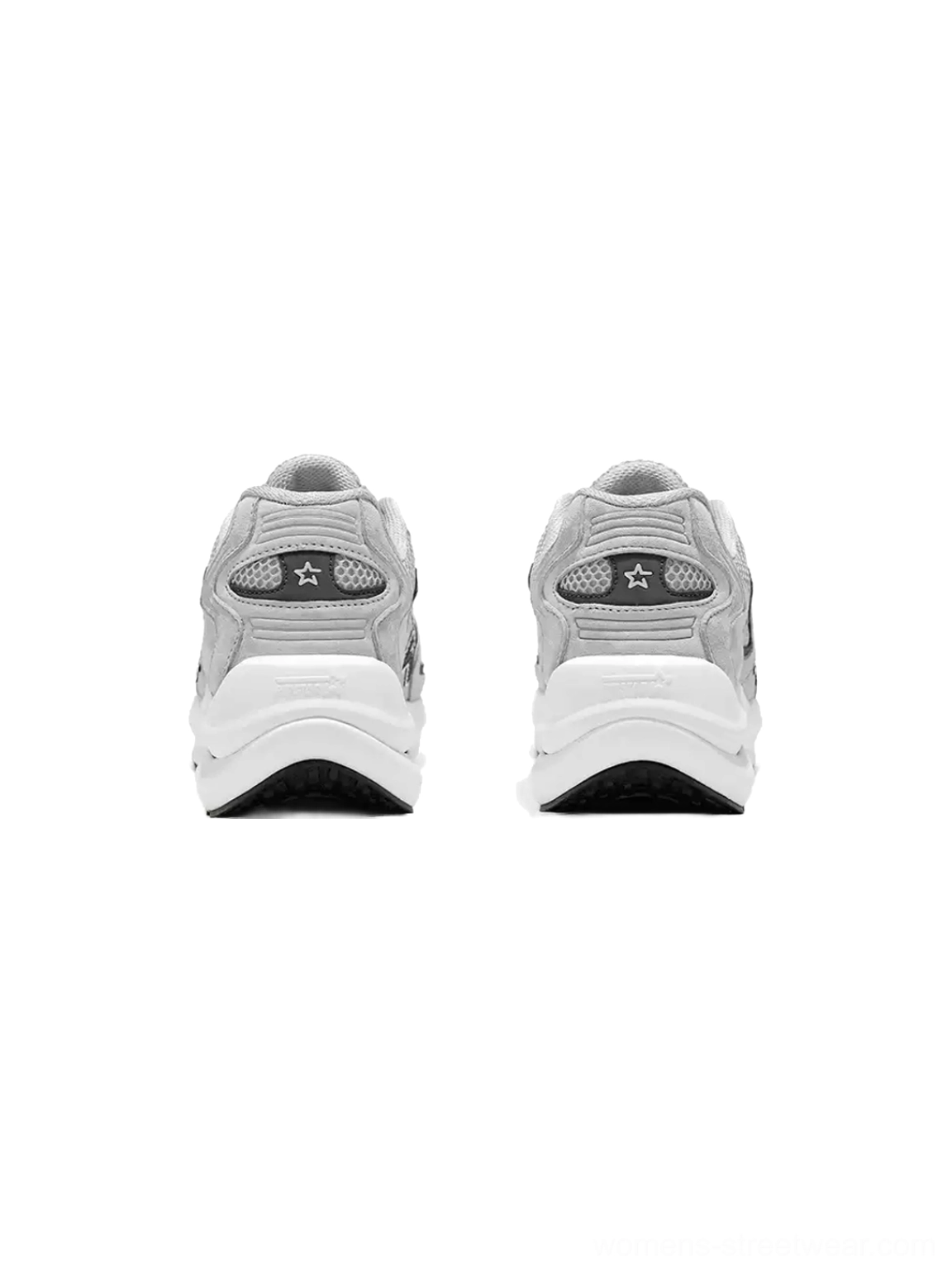 Rear view of gray chunky platform running sneakers showing gray heel tabs star graphics white cushioned midsole and dark rubber outsole