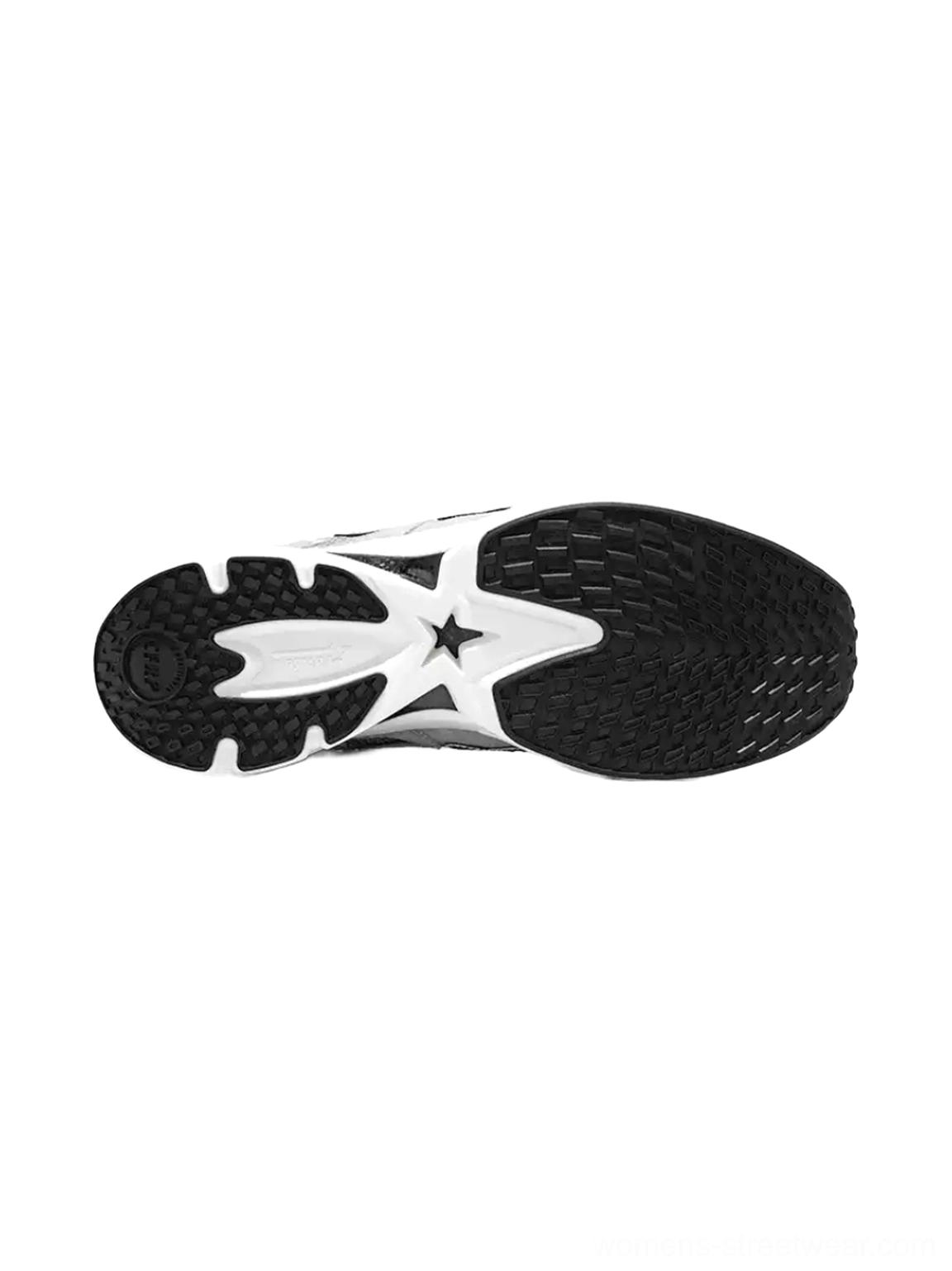 Bottom outsole view of gray platform running sneaker showing black textured rubber tread and white star-patterned midsole for everyday traction