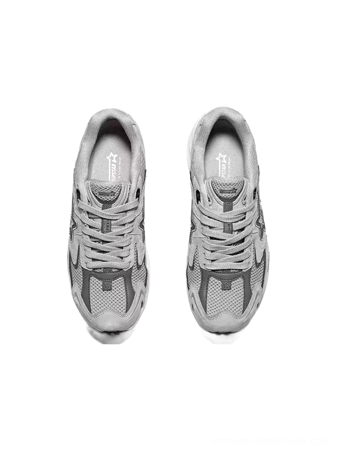 Top front view of gray breathable mesh and suede platform running sneakers with lace-up closure padded collar and branded insole detail