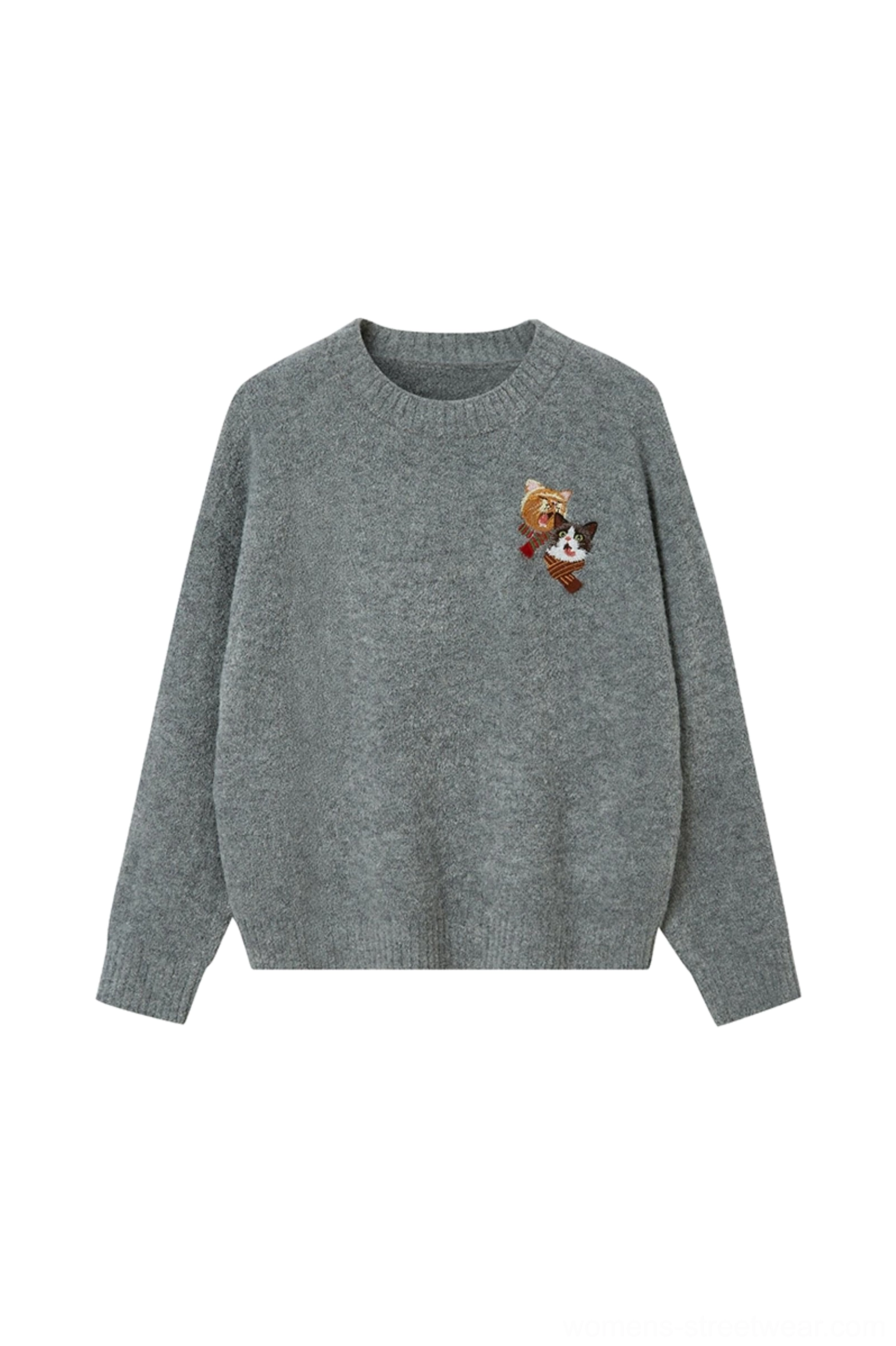 Gray cat embroidered knit sweater color option with soft relaxed crewneck streetwear fit