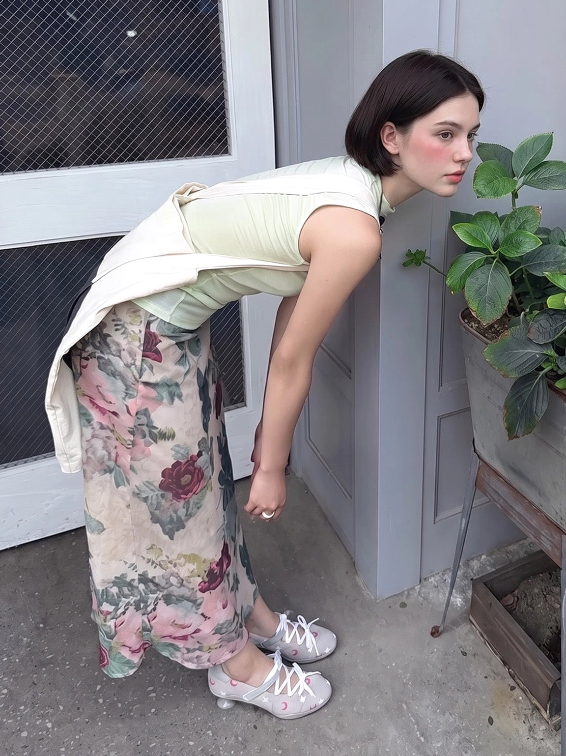 Gray celestial low-heel sport Mary Janes worn with a floral maxi skirt in an everyday outfit