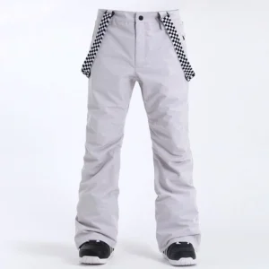 Light gray unisex snow pants with detachable checkerboard suspenders and a clean straight leg Korean streetwear design