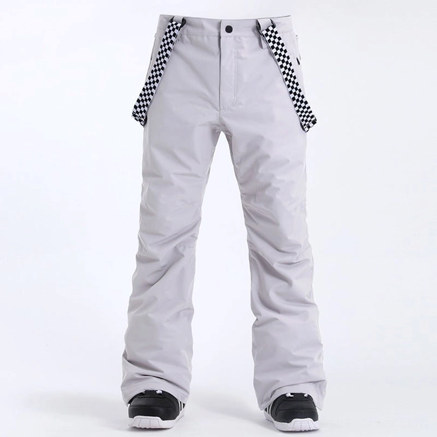 Light gray unisex snow pants with detachable checkerboard suspenders and a clean straight leg Korean streetwear design