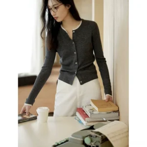 Heather gray women’s contrast trim button-front knit cardigan with white crew neckline and slim Korean streetwear fit