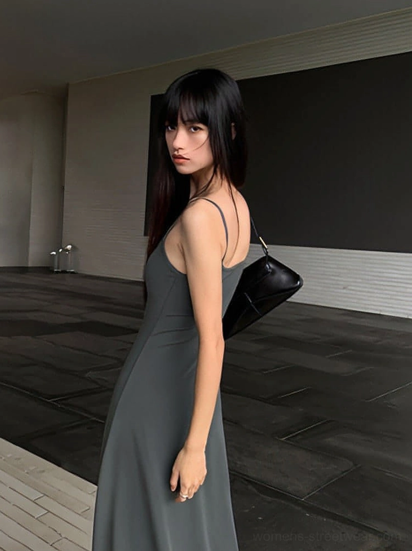 Gray cotton stretch spaghetti strap maxi dress for casual Korean streetwear and everyday styling