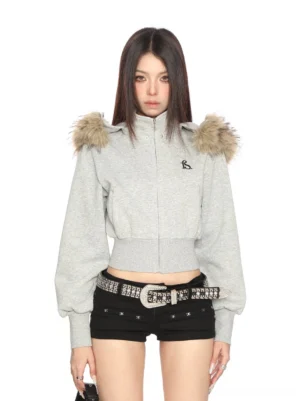 Gray cropped zip-up faux-fur hood sweatshirt with ribbed cuffs and embroidered chest detail studio fashion view