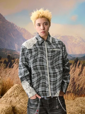 Gray deconstructed lace trim plaid zip-up unisex streetwear shirt jacket worn by male model with denim and chain accessories